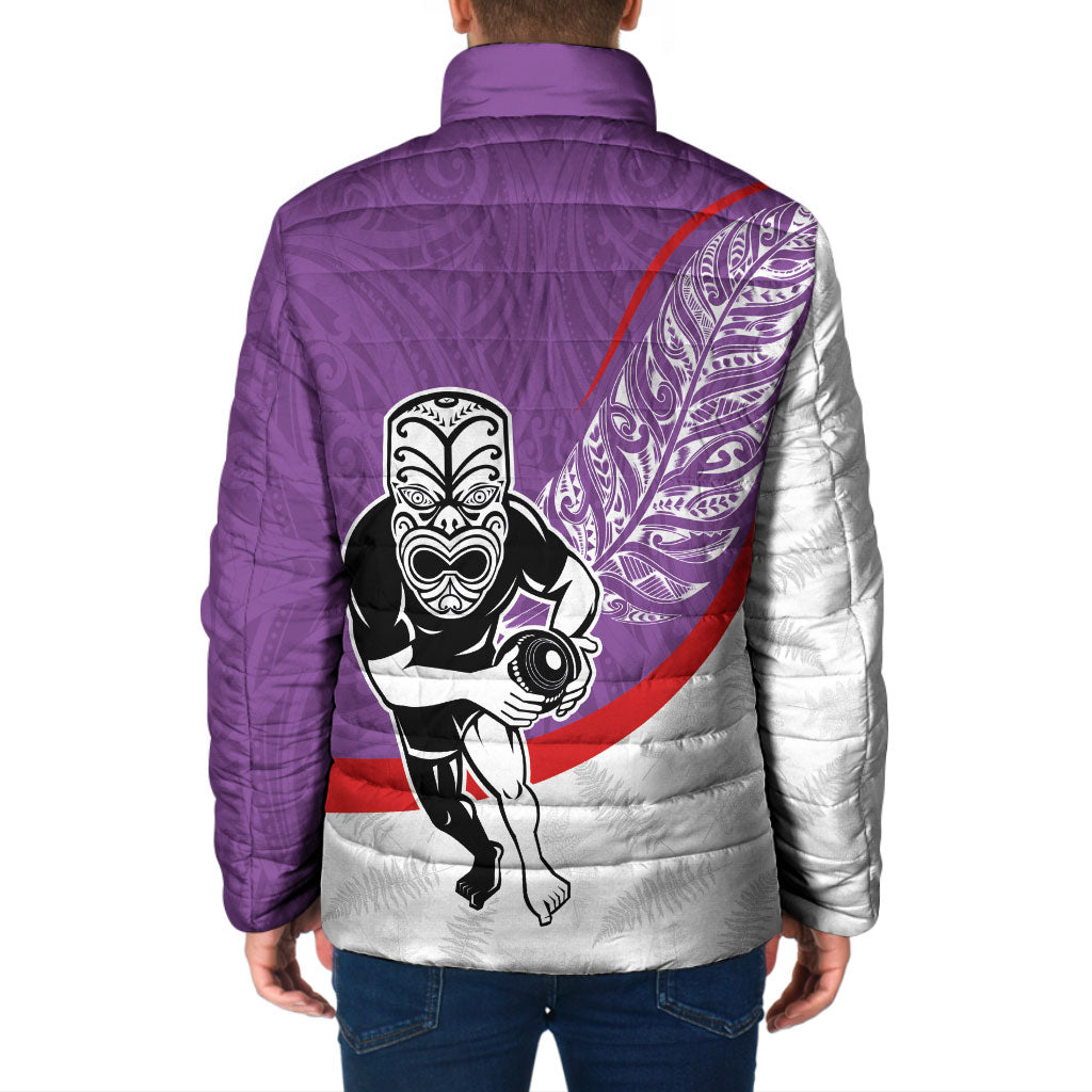 Personalised Aotearoa Lawn Bowls Padded Jacket Maori Warrior and Silver Fern Sporty Style Purple
