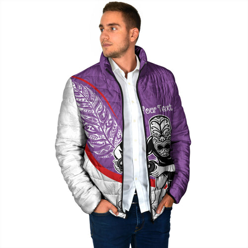 Personalised Aotearoa Lawn Bowls Padded Jacket Maori Warrior and Silver Fern Sporty Style Purple