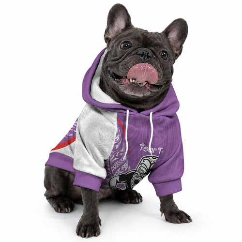 Personalised Aotearoa Lawn Bowls Pet Hoodie Maori Warrior and Silver Fern Sporty Style Purple