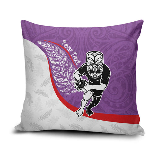 Personalised Aotearoa Lawn Bowls Pillow Cover Maori Warrior and Silver Fern Sporty Style Purple