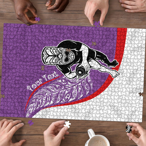 Personalised Aotearoa Lawn Bowls Puzzle Maori Warrior and Silver Fern Sporty Style Purple