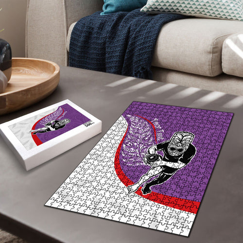 Personalised Aotearoa Lawn Bowls Puzzle Maori Warrior and Silver Fern Sporty Style Purple