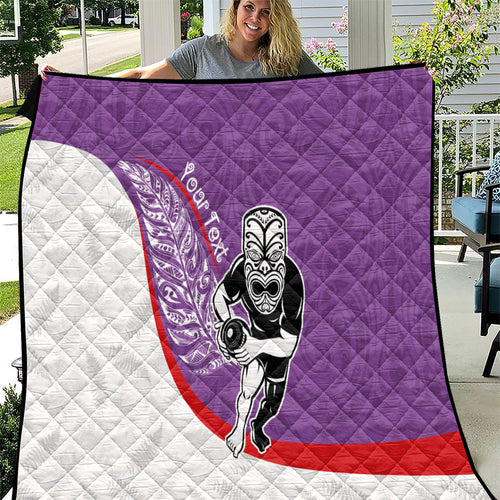 Personalised Aotearoa Lawn Bowls Quilt Maori Warrior and Silver Fern Sporty Style Purple
