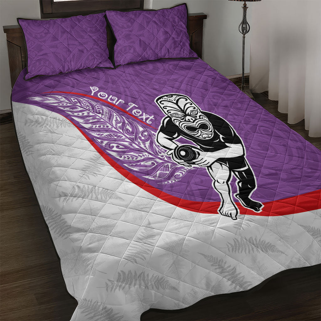 Personalised Aotearoa Lawn Bowls Quilt Bed Set Maori Warrior and Silver Fern Sporty Style Purple