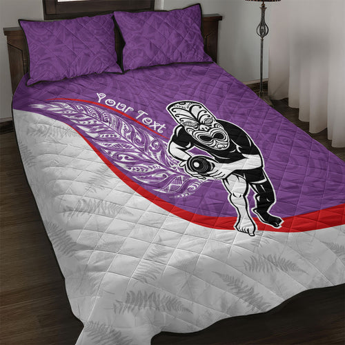 Personalised Aotearoa Lawn Bowls Quilt Bed Set Maori Warrior and Silver Fern Sporty Style Purple