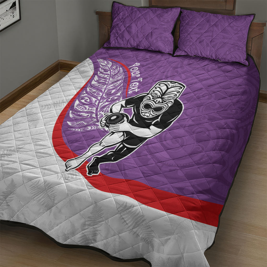Personalised Aotearoa Lawn Bowls Quilt Bed Set Maori Warrior and Silver Fern Sporty Style Purple