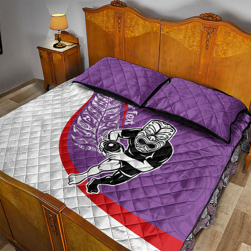 Personalised Aotearoa Lawn Bowls Quilt Bed Set Maori Warrior and Silver Fern Sporty Style Purple
