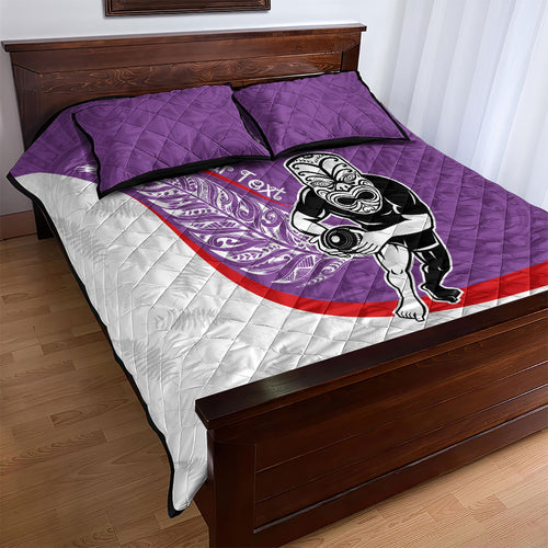 Personalised Aotearoa Lawn Bowls Quilt Bed Set Maori Warrior and Silver Fern Sporty Style Purple