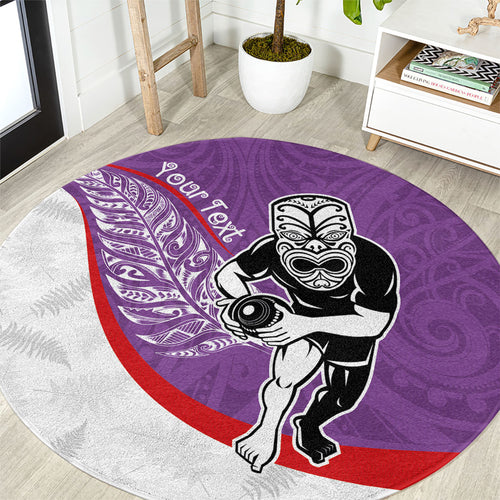 Personalised Aotearoa Lawn Bowls Round Carpet Maori Warrior and Silver Fern Sporty Style Purple