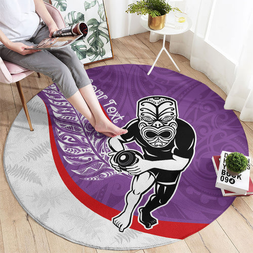 Personalised Aotearoa Lawn Bowls Round Carpet Maori Warrior and Silver Fern Sporty Style Purple