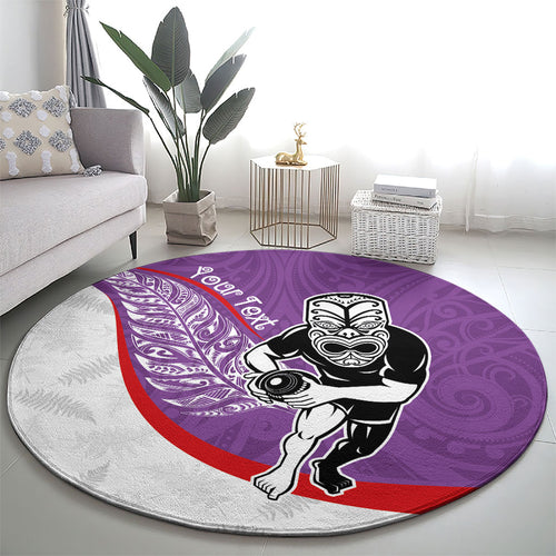 Personalised Aotearoa Lawn Bowls Round Carpet Maori Warrior and Silver Fern Sporty Style Purple