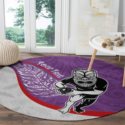 Personalised Aotearoa Lawn Bowls Round Carpet Maori Warrior and Silver Fern Sporty Style Purple