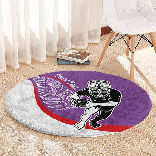Personalised Aotearoa Lawn Bowls Round Carpet Maori Warrior and Silver Fern Sporty Style Purple