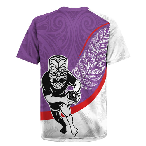 Personalised Aotearoa Lawn Bowls Rugby Jersey Maori Warrior and Silver Fern Sporty Style Purple