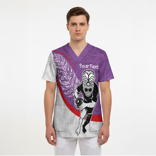 Personalised Aotearoa Lawn Bowls Scrub Top Maori Warrior and Silver Fern Sporty Style Purple