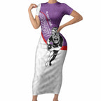 Personalised Aotearoa Lawn Bowls Short Sleeve Bodycon Dress Maori Warrior and Silver Fern Sporty Style Purple