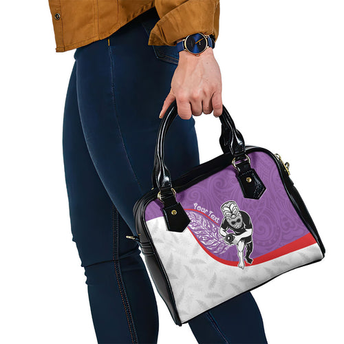 Personalised Aotearoa Lawn Bowls Shoulder Handbag Maori Warrior and Silver Fern Sporty Style Purple