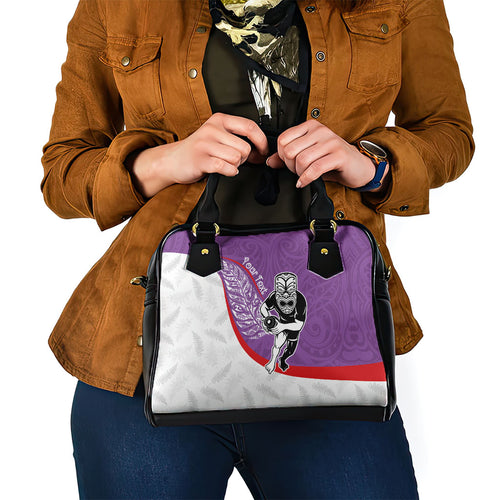 Personalised Aotearoa Lawn Bowls Shoulder Handbag Maori Warrior and Silver Fern Sporty Style Purple