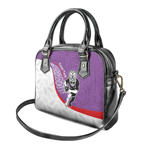 Personalised Aotearoa Lawn Bowls Shoulder Handbag Maori Warrior and Silver Fern Sporty Style Purple