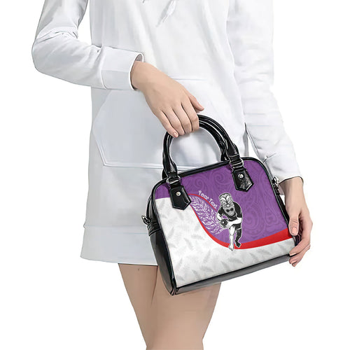Personalised Aotearoa Lawn Bowls Shoulder Handbag Maori Warrior and Silver Fern Sporty Style Purple