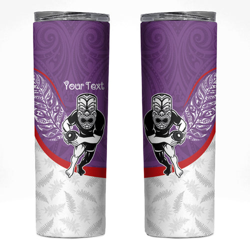 Personalised Aotearoa Lawn Bowls Skinny Tumbler Maori Warrior and Silver Fern Sporty Style Purple