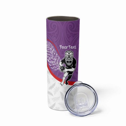 Personalised Aotearoa Lawn Bowls Skinny Tumbler Maori Warrior and Silver Fern Sporty Style Purple