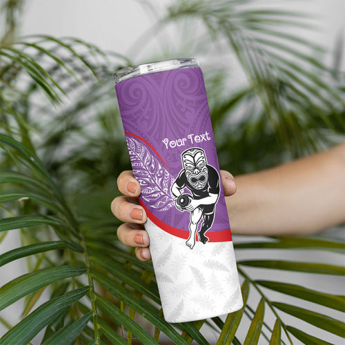 Personalised Aotearoa Lawn Bowls Skinny Tumbler Maori Warrior and Silver Fern Sporty Style Purple
