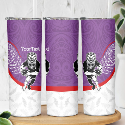 Personalised Aotearoa Lawn Bowls Skinny Tumbler Maori Warrior and Silver Fern Sporty Style Purple