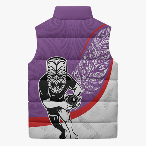 Personalised Aotearoa Lawn Bowls Sleeveless Puffer Jacket Maori Warrior and Silver Fern Sporty Style Purple