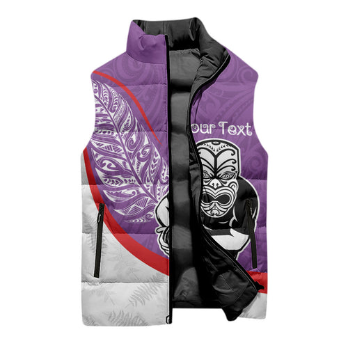 Personalised Aotearoa Lawn Bowls Sleeveless Puffer Jacket Maori Warrior and Silver Fern Sporty Style Purple