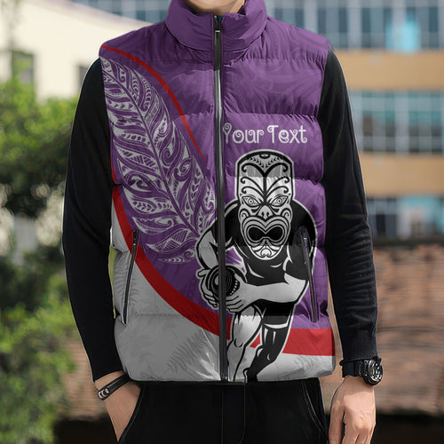 Personalised Aotearoa Lawn Bowls Sleeveless Puffer Jacket Maori Warrior and Silver Fern Sporty Style Purple