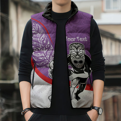 Personalised Aotearoa Lawn Bowls Sleeveless Puffer Jacket Maori Warrior and Silver Fern Sporty Style Purple