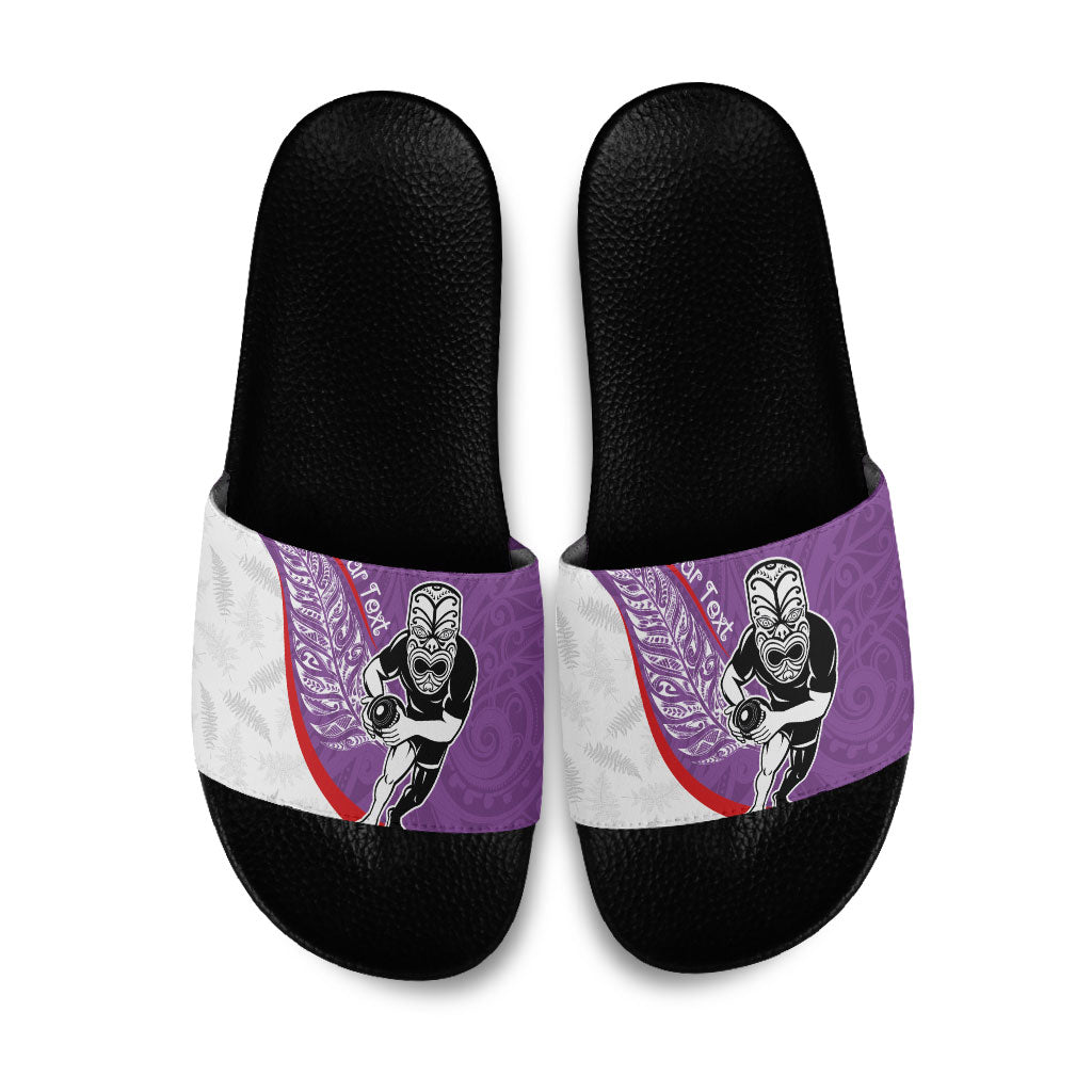 Personalised Aotearoa Lawn Bowls Slide Sandals Maori Warrior and Silver Fern Sporty Style Purple