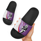 Personalised Aotearoa Lawn Bowls Slide Sandals Maori Warrior and Silver Fern Sporty Style Purple