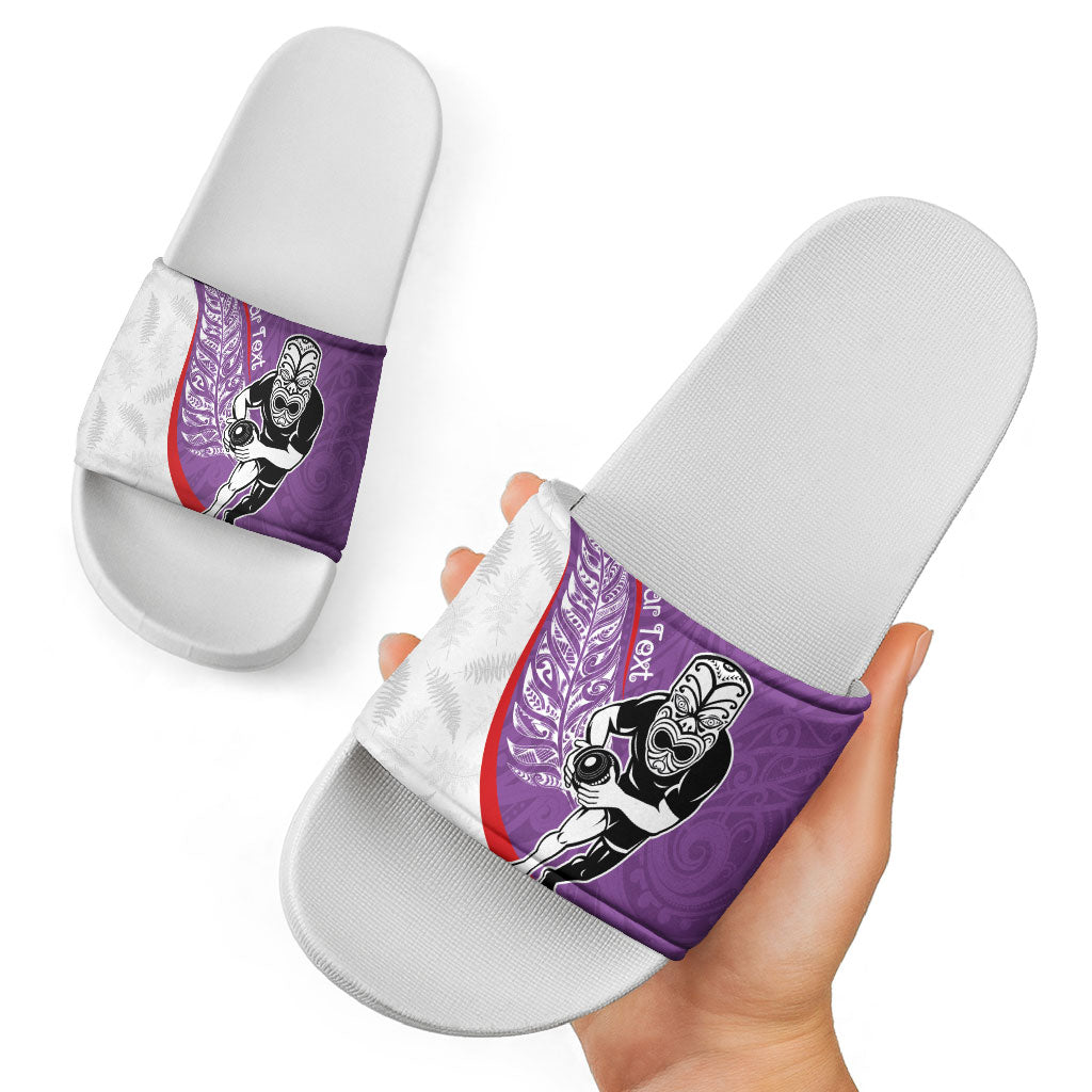 Personalised Aotearoa Lawn Bowls Slide Sandals Maori Warrior and Silver Fern Sporty Style Purple