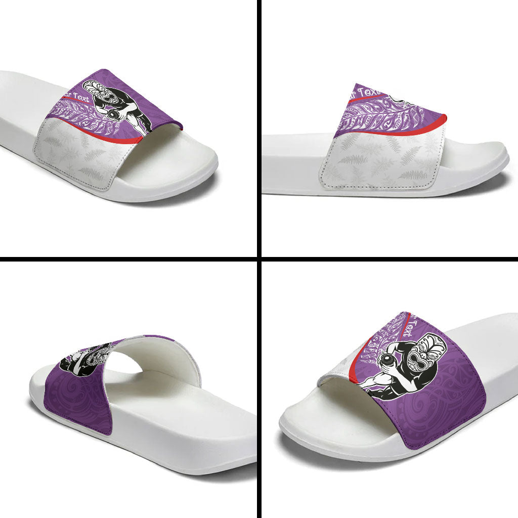 Personalised Aotearoa Lawn Bowls Slide Sandals Maori Warrior and Silver Fern Sporty Style Purple