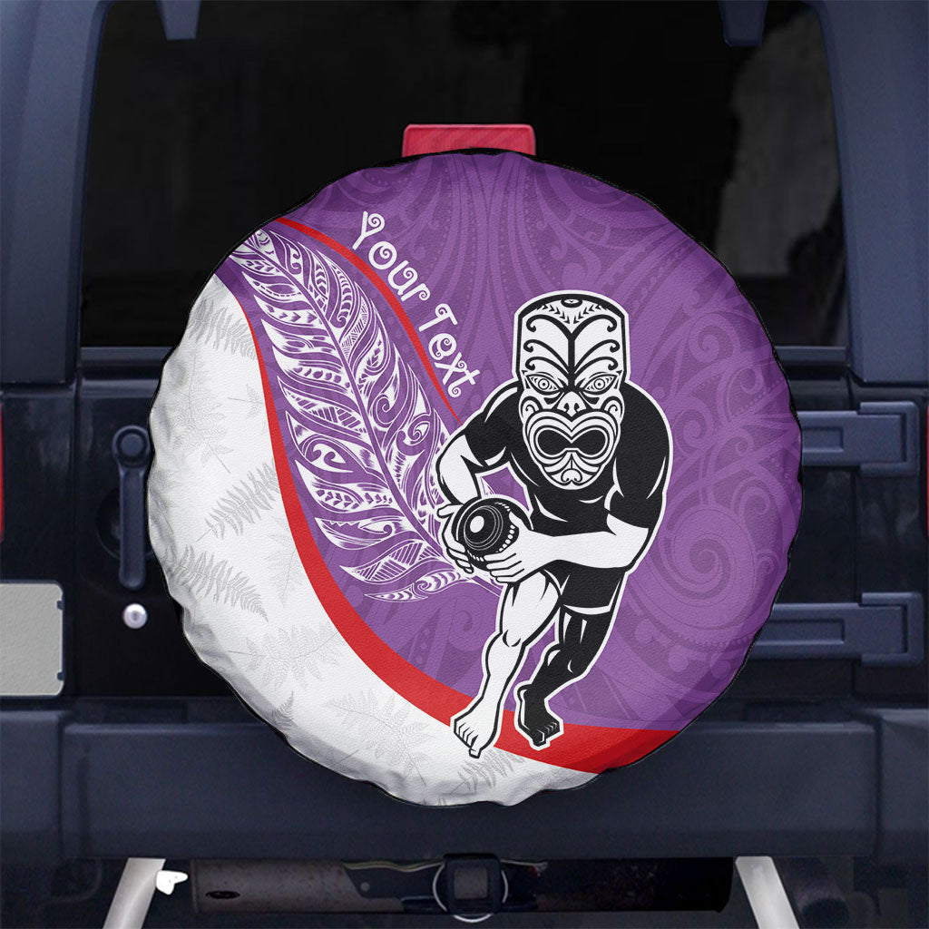 Personalised Aotearoa Lawn Bowls Spare Tire Cover Maori Warrior and Silver Fern Sporty Style Purple