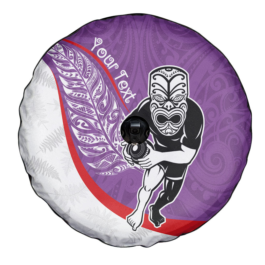 Personalised Aotearoa Lawn Bowls Spare Tire Cover Maori Warrior and Silver Fern Sporty Style Purple