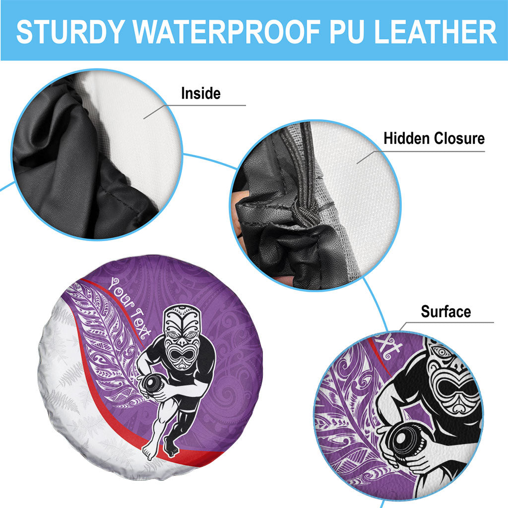 Personalised Aotearoa Lawn Bowls Spare Tire Cover Maori Warrior and Silver Fern Sporty Style Purple