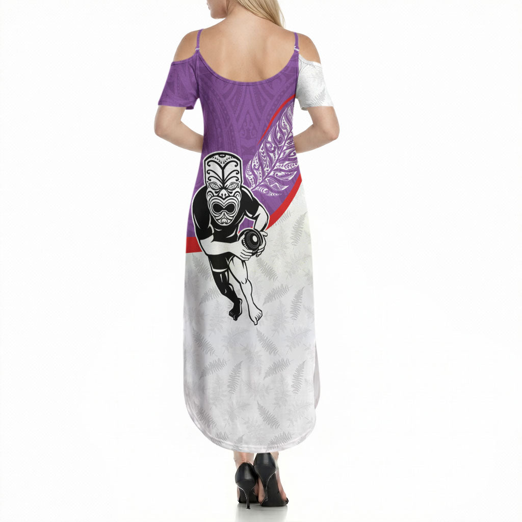 Personalised Aotearoa Lawn Bowls Summer Maxi Dress Maori Warrior and Silver Fern Sporty Style Purple