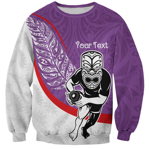 Personalised Aotearoa Lawn Bowls Sweatshirt Maori Warrior and Silver Fern Sporty Style Purple