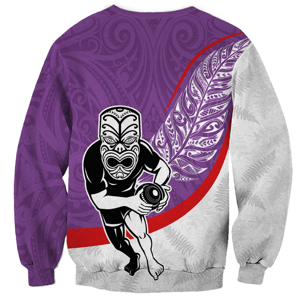 Personalised Aotearoa Lawn Bowls Sweatshirt Maori Warrior and Silver Fern Sporty Style Purple