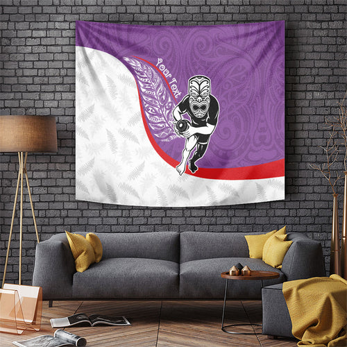 Personalised Aotearoa Lawn Bowls Tapestry Maori Warrior and Silver Fern Sporty Style Purple