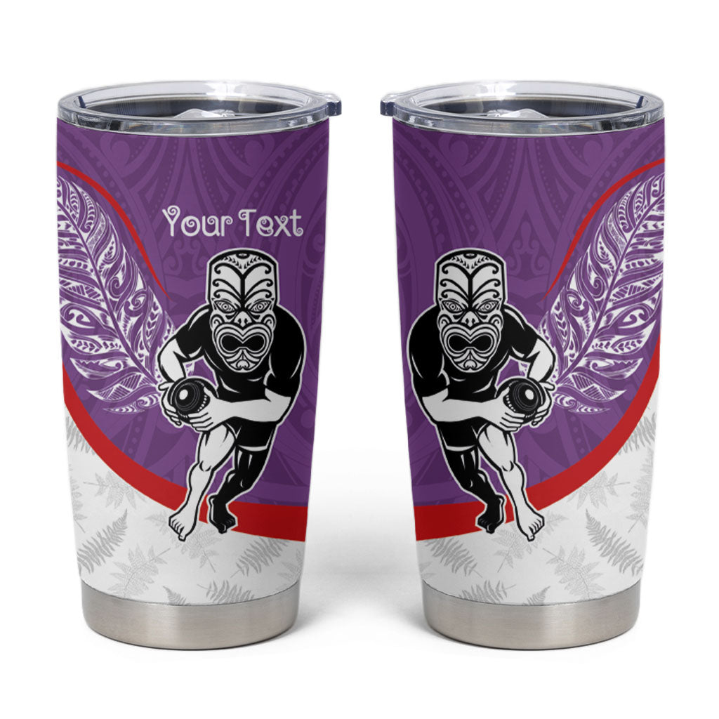 Personalised Aotearoa Lawn Bowls Tumbler Cup Maori Warrior and Silver Fern Sporty Style Purple
