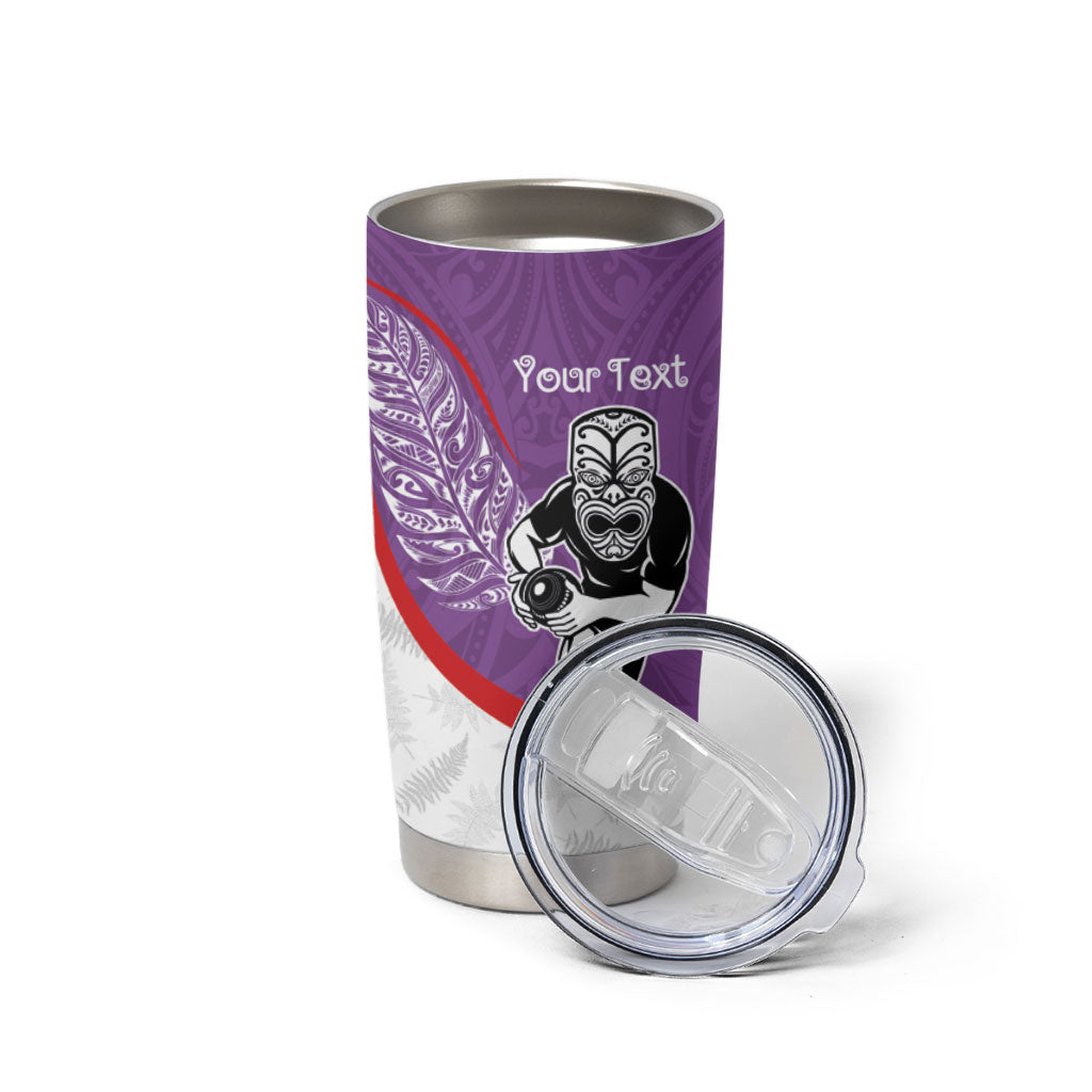 Personalised Aotearoa Lawn Bowls Tumbler Cup Maori Warrior and Silver Fern Sporty Style Purple