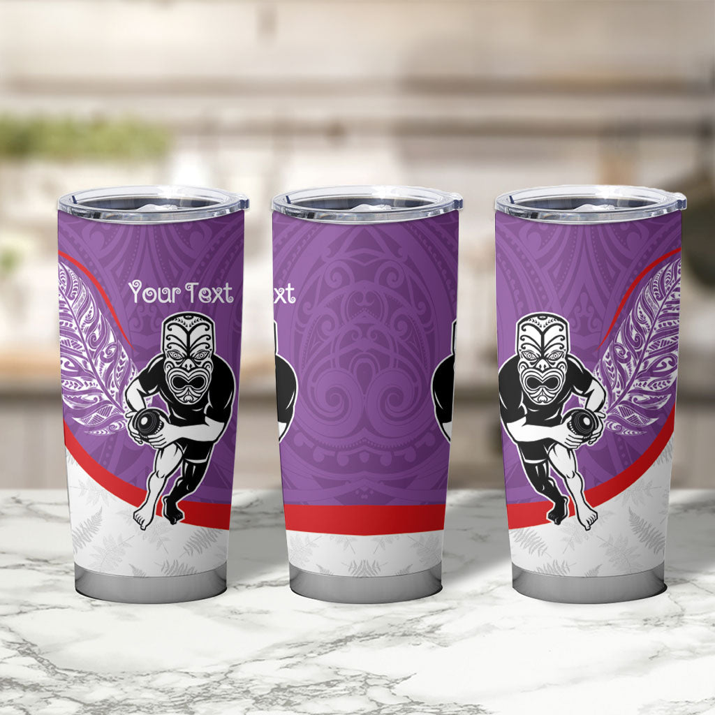 Personalised Aotearoa Lawn Bowls Tumbler Cup Maori Warrior and Silver Fern Sporty Style Purple