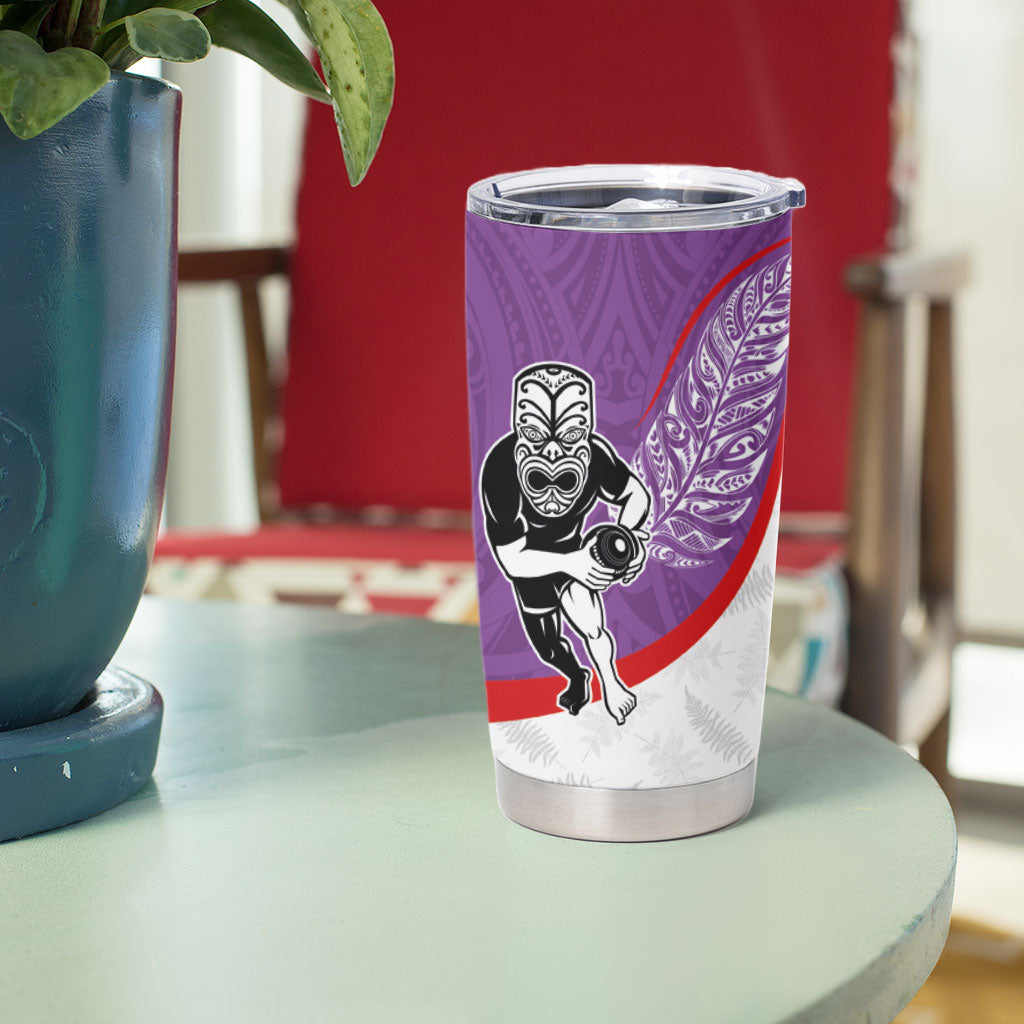 Personalised Aotearoa Lawn Bowls Tumbler Cup Maori Warrior and Silver Fern Sporty Style Purple