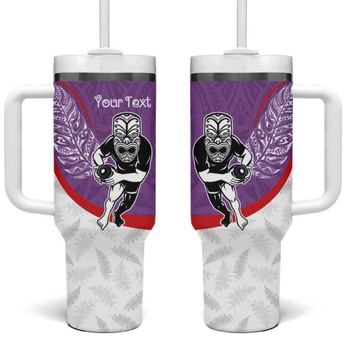 Personalised Aotearoa Lawn Bowls Tumbler With Handle Maori Warrior and Silver Fern Sporty Style Purple