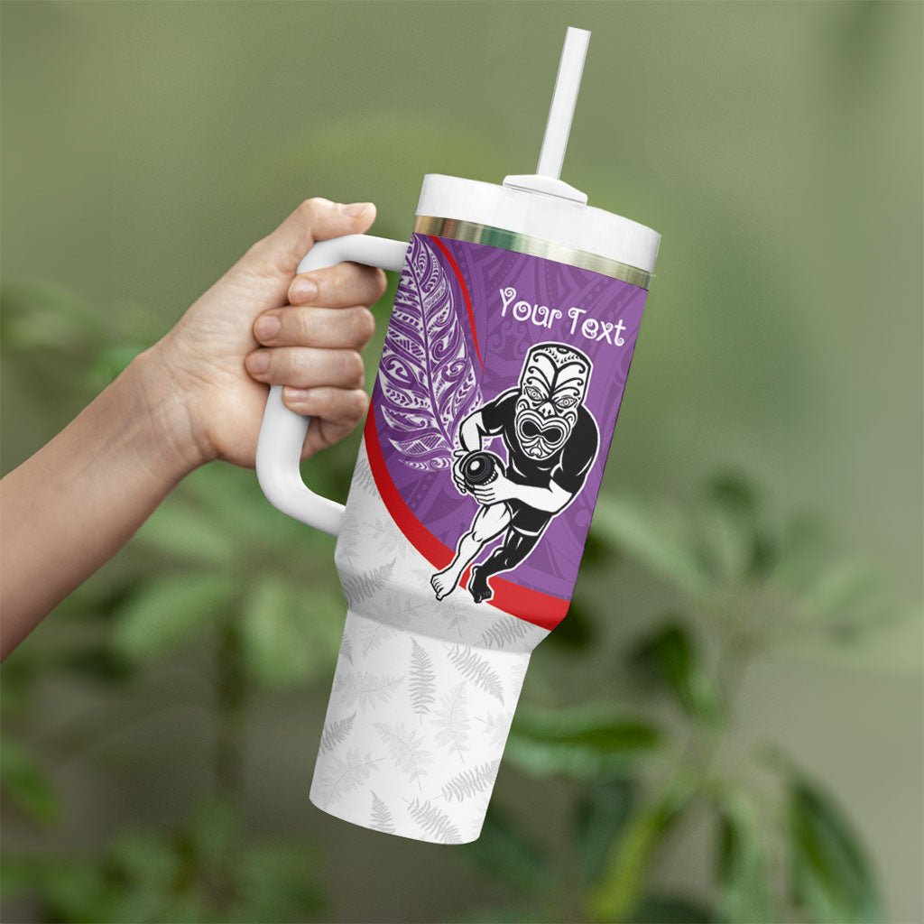 Personalised Aotearoa Lawn Bowls Tumbler With Handle Maori Warrior and Silver Fern Sporty Style Purple
