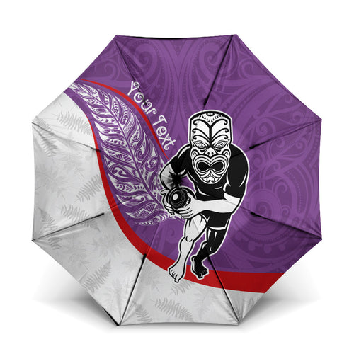 Personalised Aotearoa Lawn Bowls Umbrella Maori Warrior and Silver Fern Sporty Style Purple